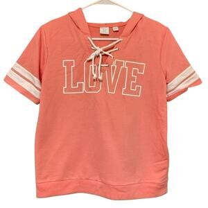 New York & Company Vintage Y2K Raglan Hooded LOVE Shirt Short Sleeve Size Small